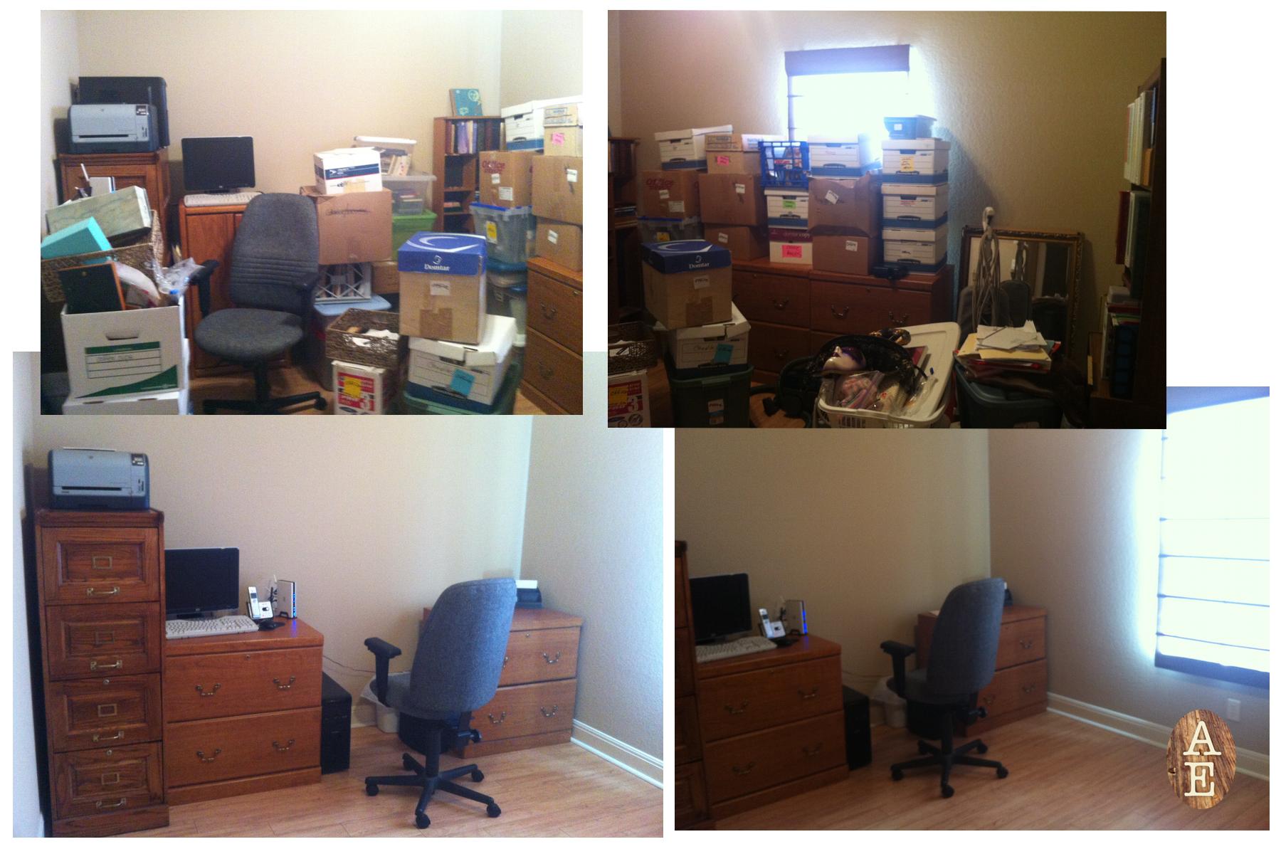 Before and in-progress of home office.  I believe you have to work with as much of a clean slate as possible.  I call this "the Clearing" stage. The "after" will be very different from "the clearing" look.  Stay tuned.