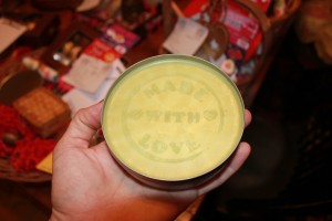 Homemade body balm stamped with a cookie stamp